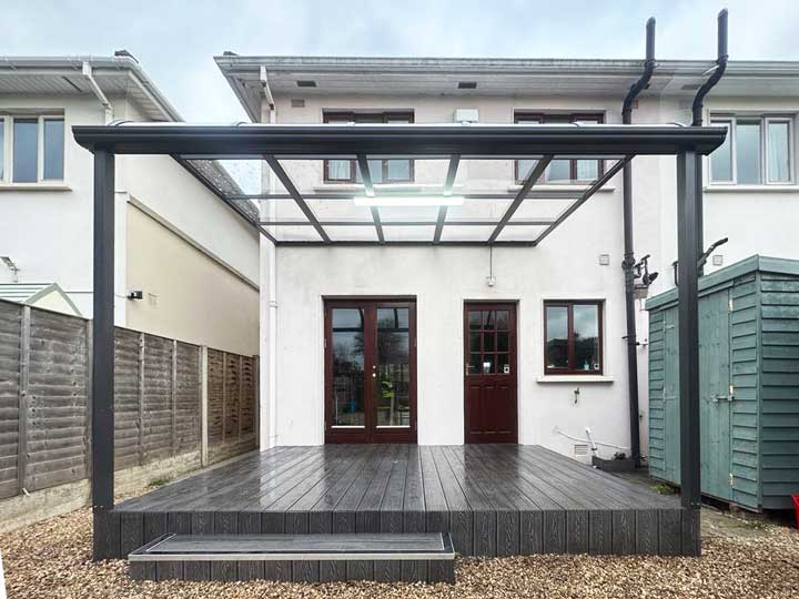 Aluminum canopy with composite decking installed in Newtown Castlebyrn Ireland | Alumax Ltd