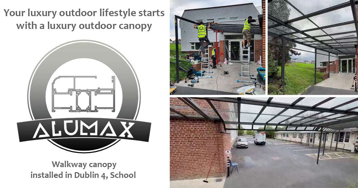 Custom made aluminium, walkway canopy installed in Donnybrook, Dublin 4, School.