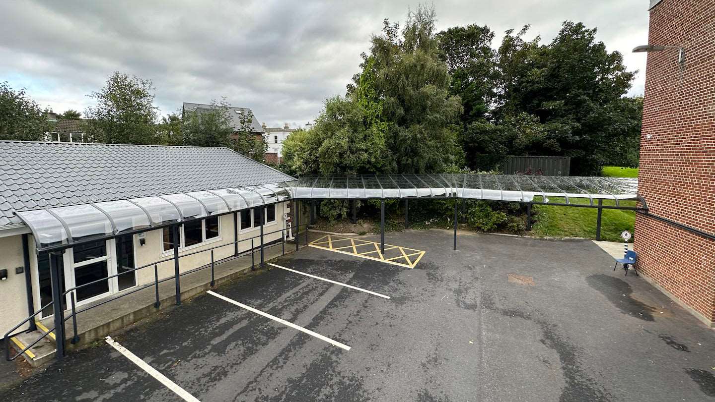 Custom made aluminium, walkway canopy installed in Donnybrook, Dublin 4, School.